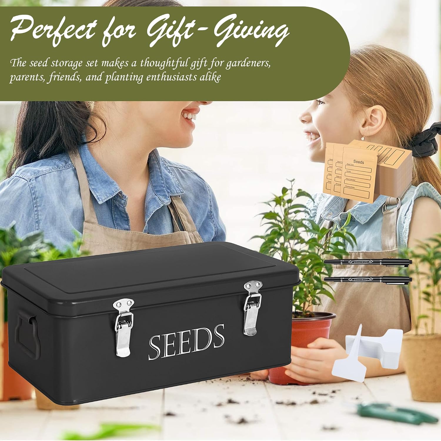 Ecopark Seed Storage Box, Professional All-in-one Kit | with 2 Pens, 20 Plant Labels and 50 Seed Envelopes, Metal