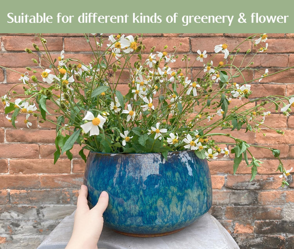 Reactive Glaze Peacock Color 11" Ceramic Plant Pot，Large Flower Pot Planter | Artisan Blue Pot with Drainage Hole