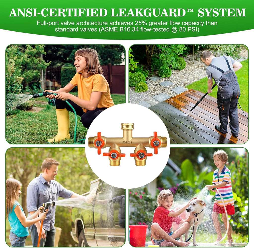 4 Way Brass Hose Splitter Full Flow with Metal Handle - Heavy Duty Spigot Splitter with Shut Off Valve, 3/4" GHT Garden