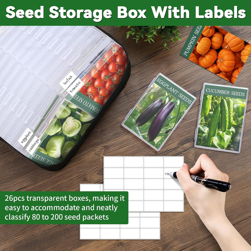 26 Slots Seed Storage Organizer Box, Reusable Oxford Cloth Seeds Storage Container, Holds 80-200 Envelopes, Garden Seed