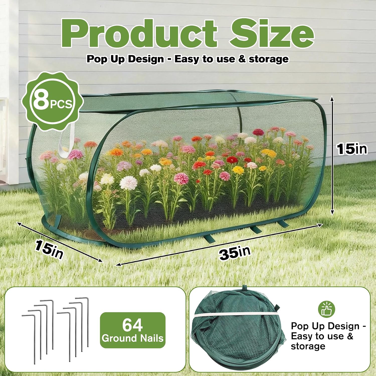 8Pack Garden Covers for Raised Beds, Reusable Pop Up Mesh Plant Covers with Ground Nails, Lightweight Outdoor Crop Cage