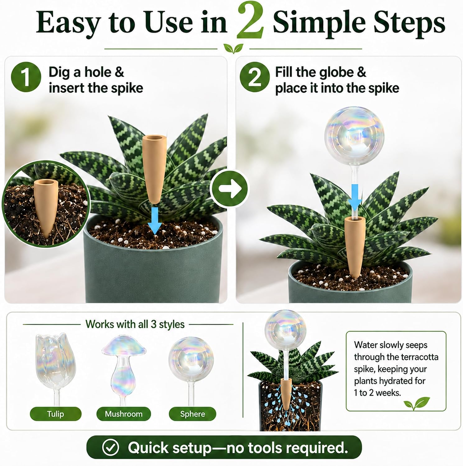 HyJeryty Non-Clogging Iridescent Ball Plant Watering Globes with Terracotta Spikes, Hand Blown Glass Self Watering