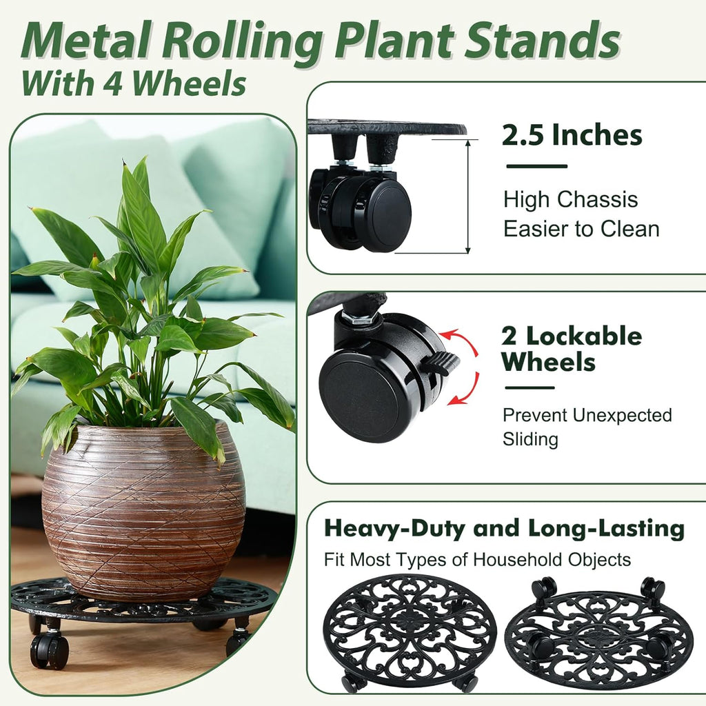 2 Packs 14 Inch Rolling Plant Stand with Wheels Metal Plant Caddy with Wheels Heavy Duty Round Plant Stand Indoor Iron