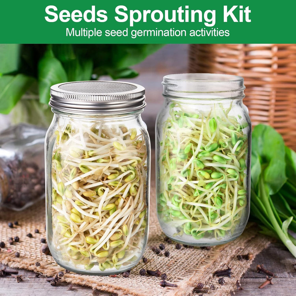 Sprouting Jar Kit, 32 OZ 2 Large Wide Mouth Mason Jars with Sprout Lids, Premium Canning Lids, Blackout Sleeves, Tray