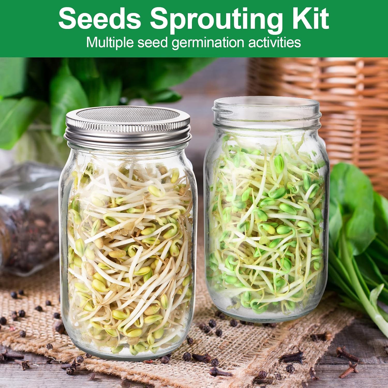 Sprouting Jar Kit, 32 OZ 2 Large Wide Mouth Mason Jars with Sprout Lids, Premium Canning Lids, Blackout Sleeves, Tray