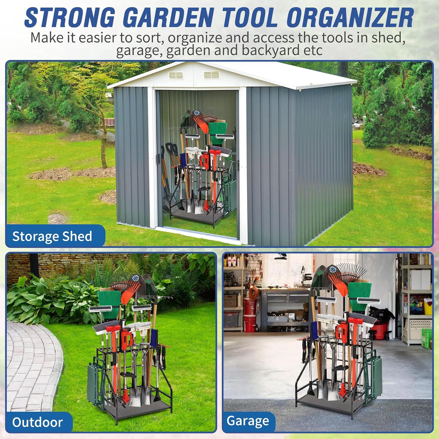 Garden Tool Organizer for Garage, Garden Tool Rack, Up to 58 Long Handled Tools, Yard Tool Holder for Garage, Shed