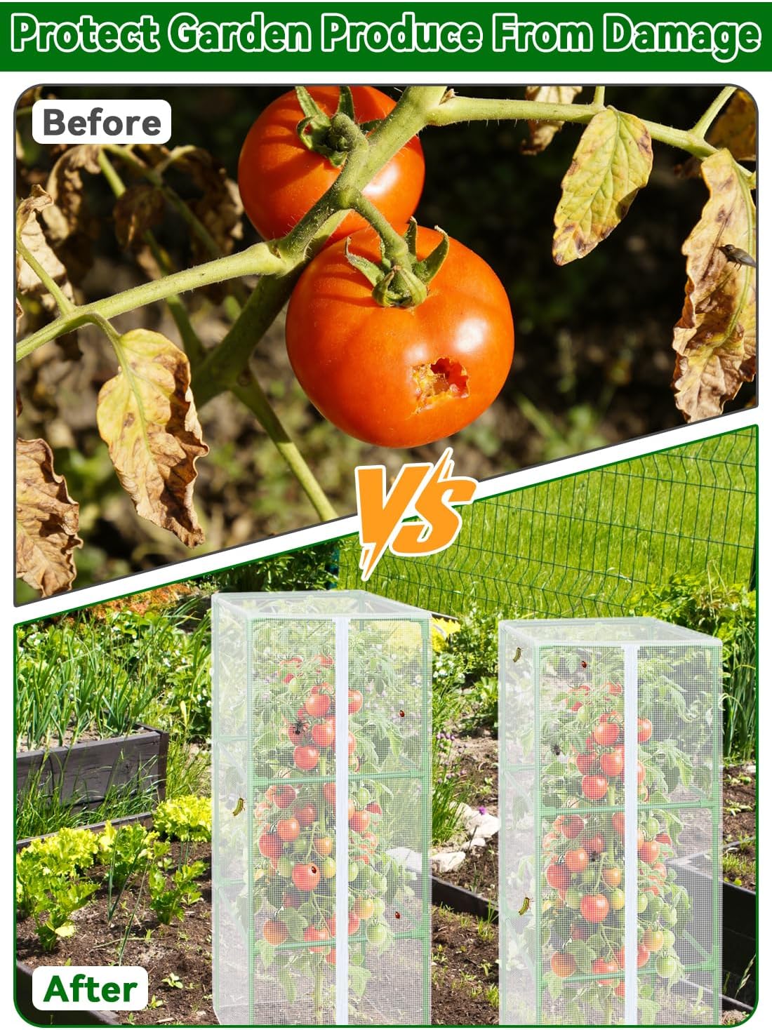 57x16.1 in Garden Tomato Plant Cover Netting for Square Tomato Cage | 4 Pack Durable Garden Bird Netting with Zipper &