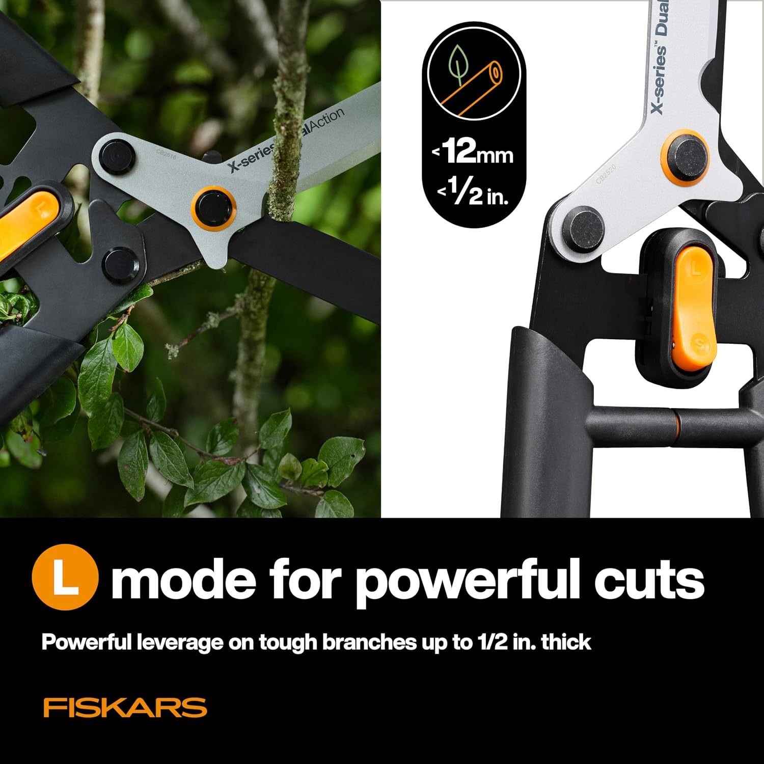 Fiskars 25" DualAction Hedge Shears, 2-in-1 Fast or Powerful Trimming | Cuts Through Thin & Thick Branches of Hedges &