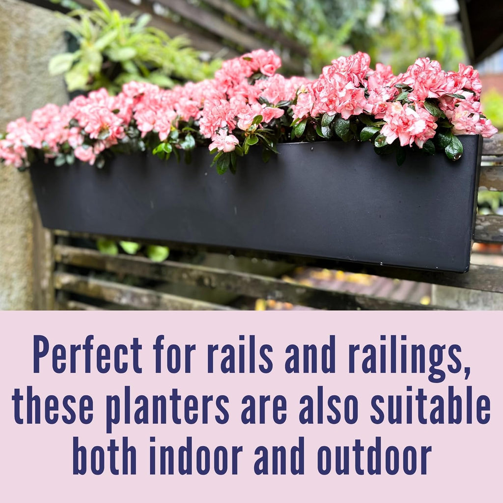 LaLaGreen Rail Planter Boxes for Outdoor (2 Pack, 40") Hanging Flower Pots with Bracket, Black Rectangular Self