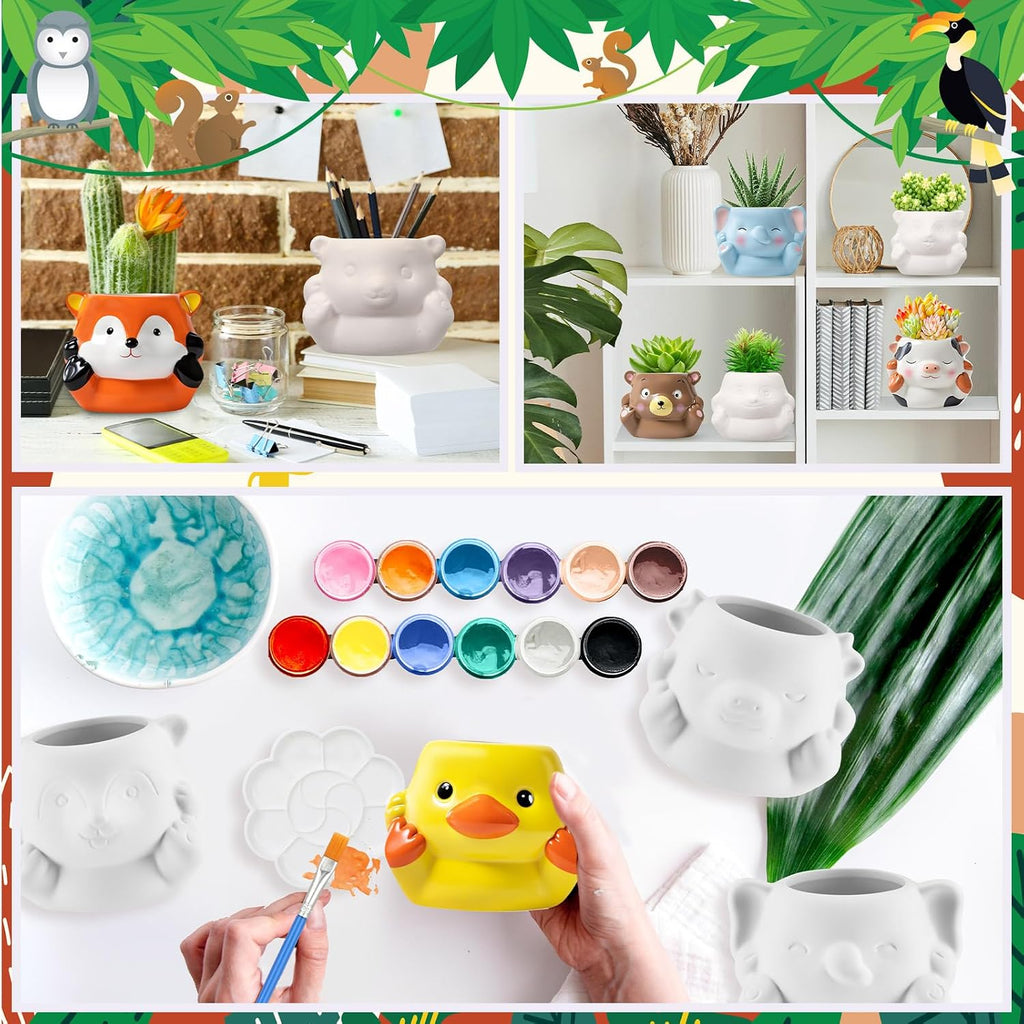 Chuangdi 6 Sets DIY Ceramic Succulent Pots Paint Animal Planters Unpainted Plant Flower Pot Paintable Ceramic Painting