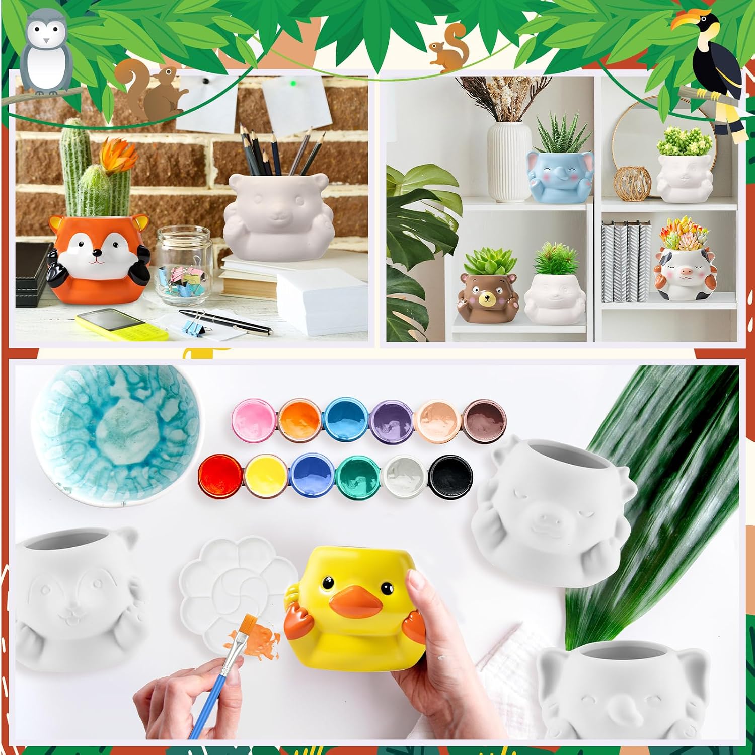 Chuangdi 6 Sets DIY Ceramic Succulent Pots Paint Animal Planters Unpainted Plant Flower Pot Paintable Ceramic Painting