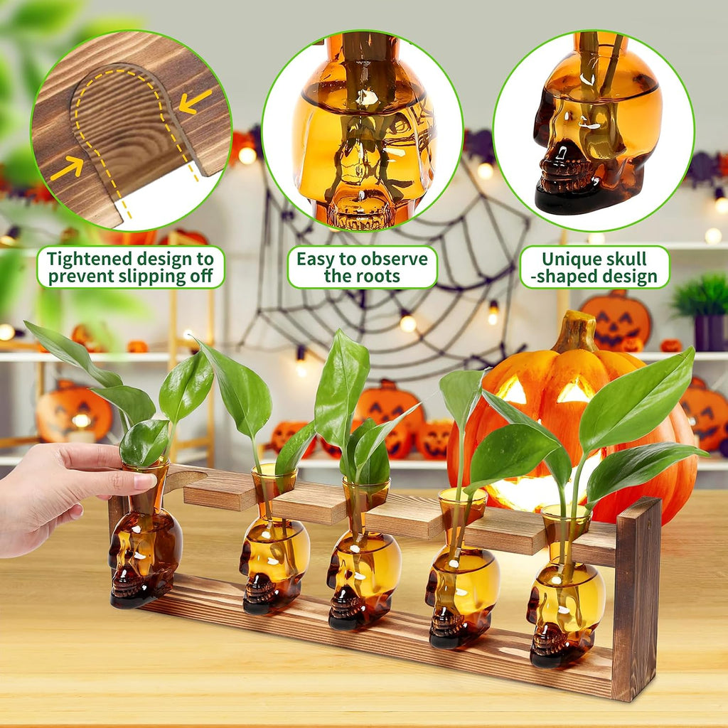 Plant Terrarium Propagation Stations Halloween Skull Planter Vase Skulls | decor With Wooden Stand Gife for Father - 5