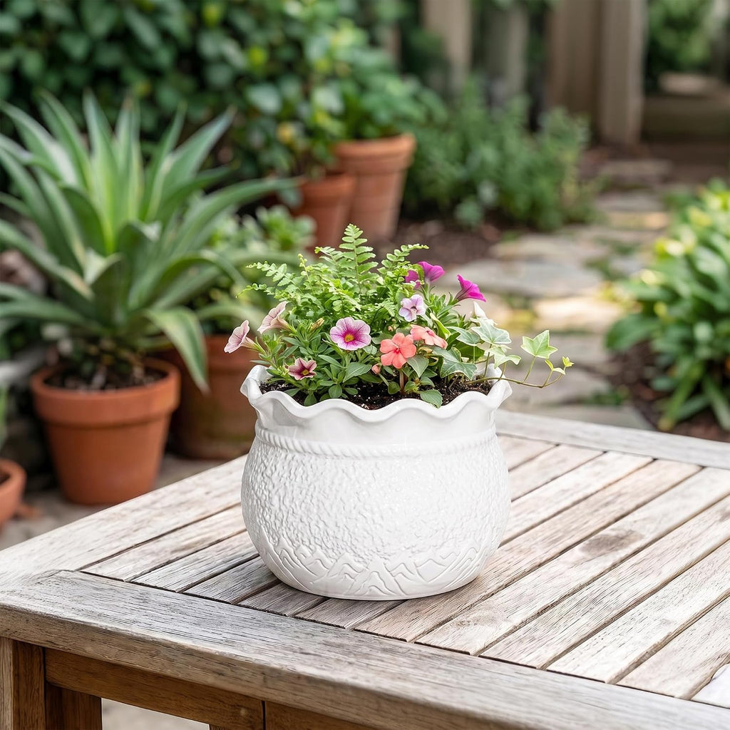 Ceramic Flower Pots, 6 Inch Plant Pot for Indoor Plants, White | Decorative Pots for Plants with Drainage Hole, Unique