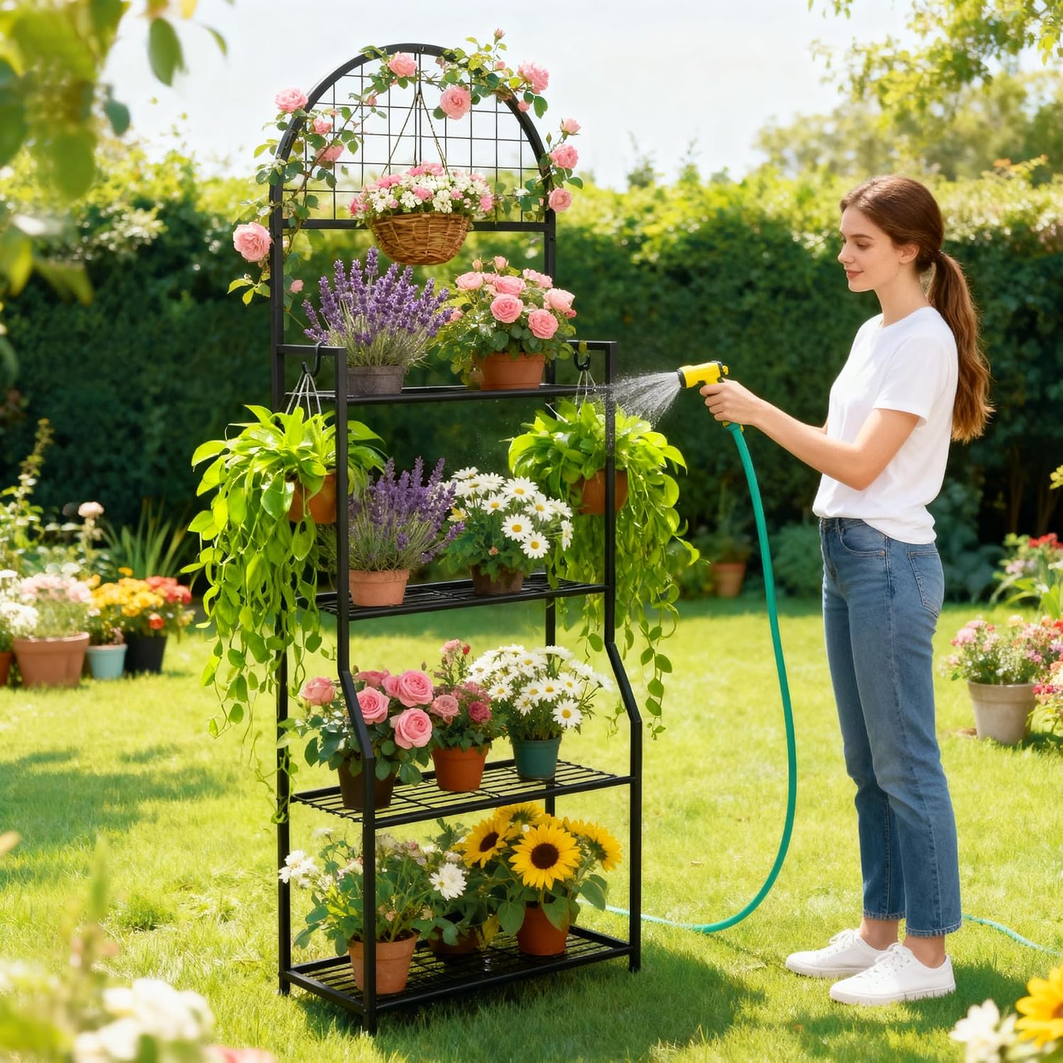 VGMiu 4 Tier Plant Stand Indoor Outdoor, Metal Plant Shelf for Multi Plants | Black Plant Display Stand Flower Plante