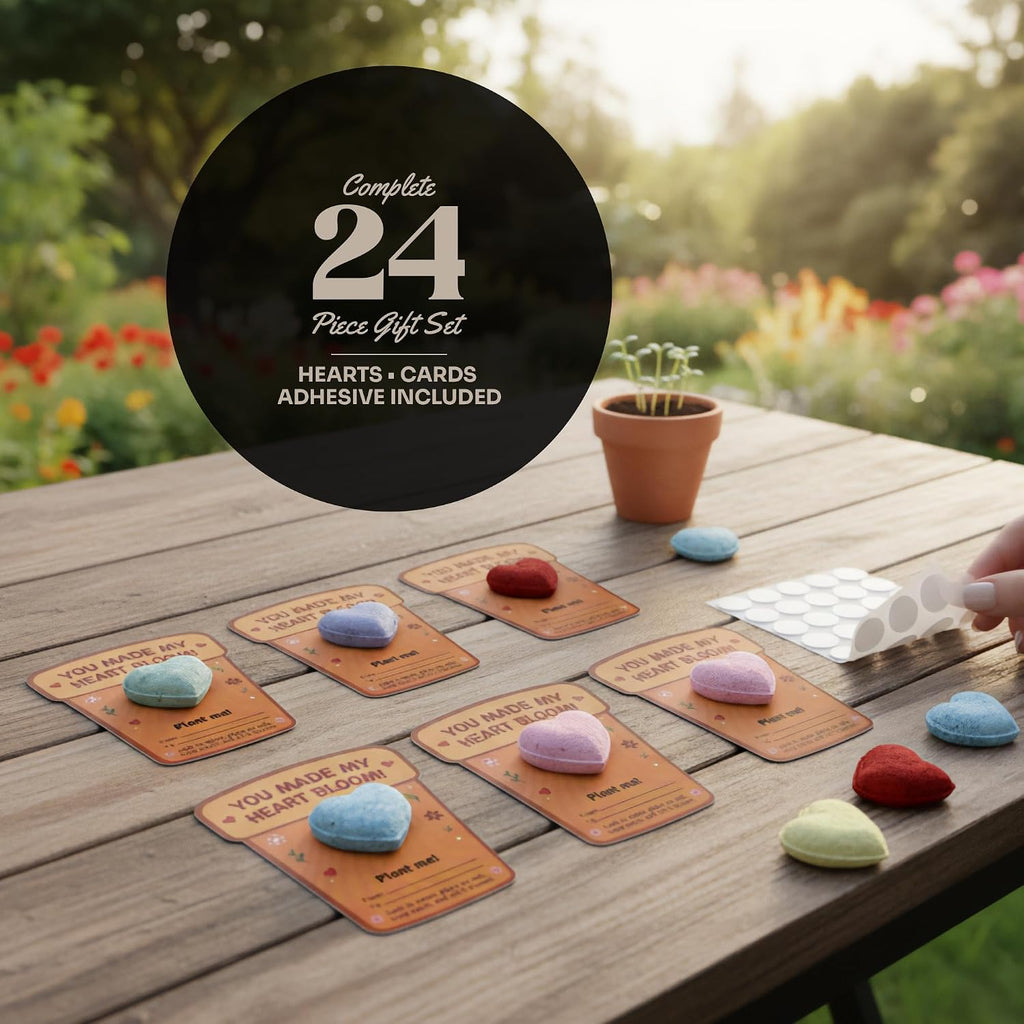24-Count Plantable 3D Heart Wildflower Seed Bomb Favors | Includes cards and double-sided tape; ideal for birthdays