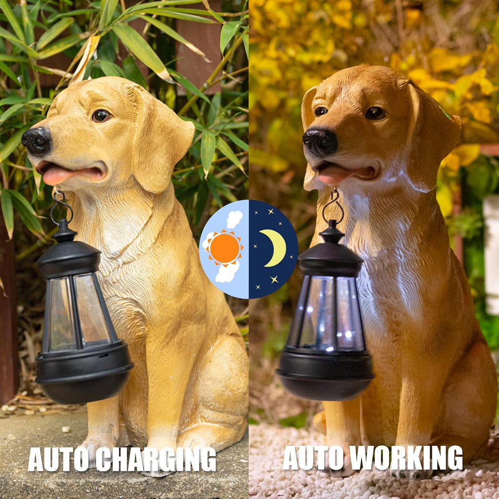 Solar Dog Statue Garden Decor, Golden Retriever Dog Statues Solar Lights | Outdoor Resin Labrador Figurine Holding