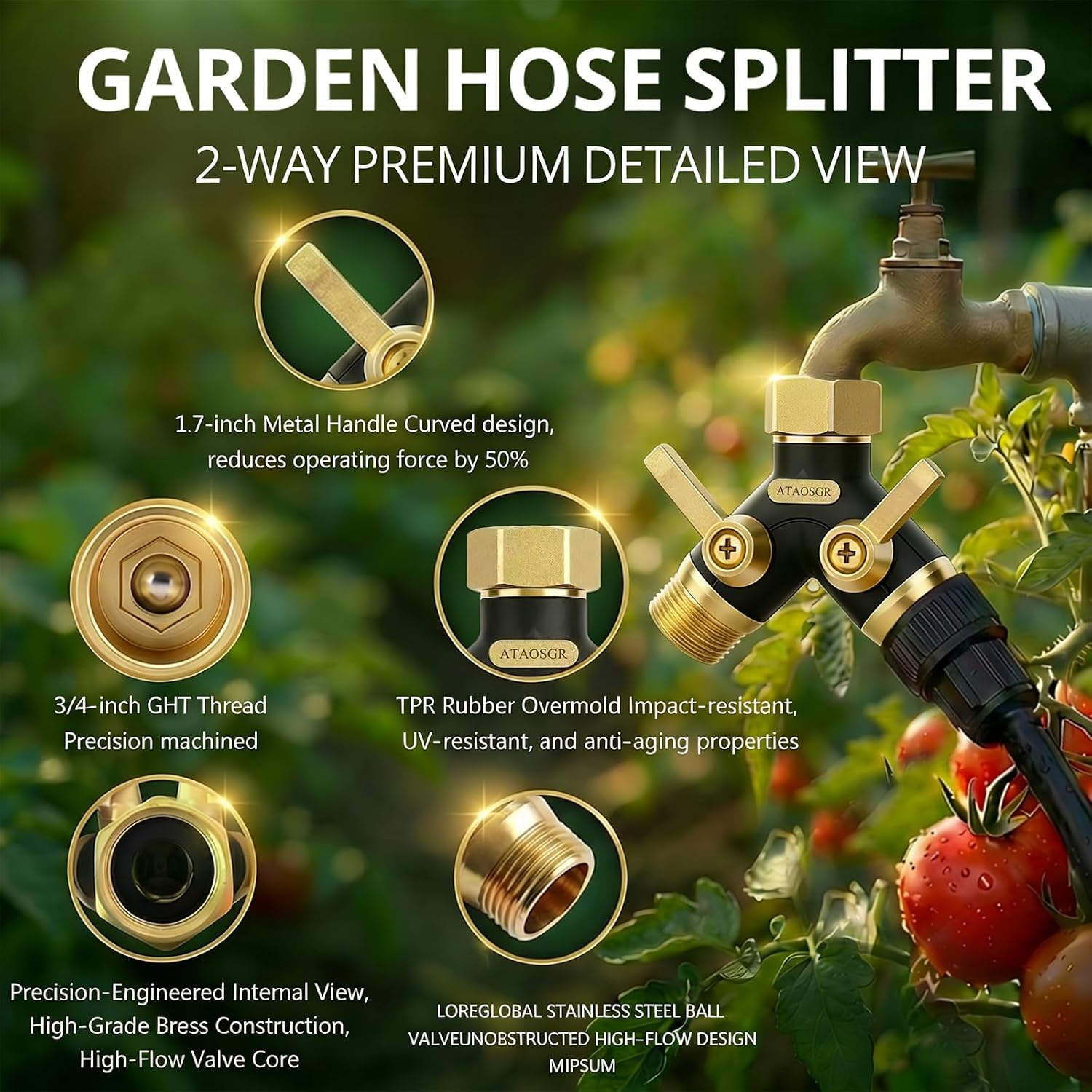 Garden Hose Splitter 2 Way Heavy Duty, Metal Body Water Hose Splitter | with Shut-Off Valve,360° Brass Swivel,3/4'' GHT