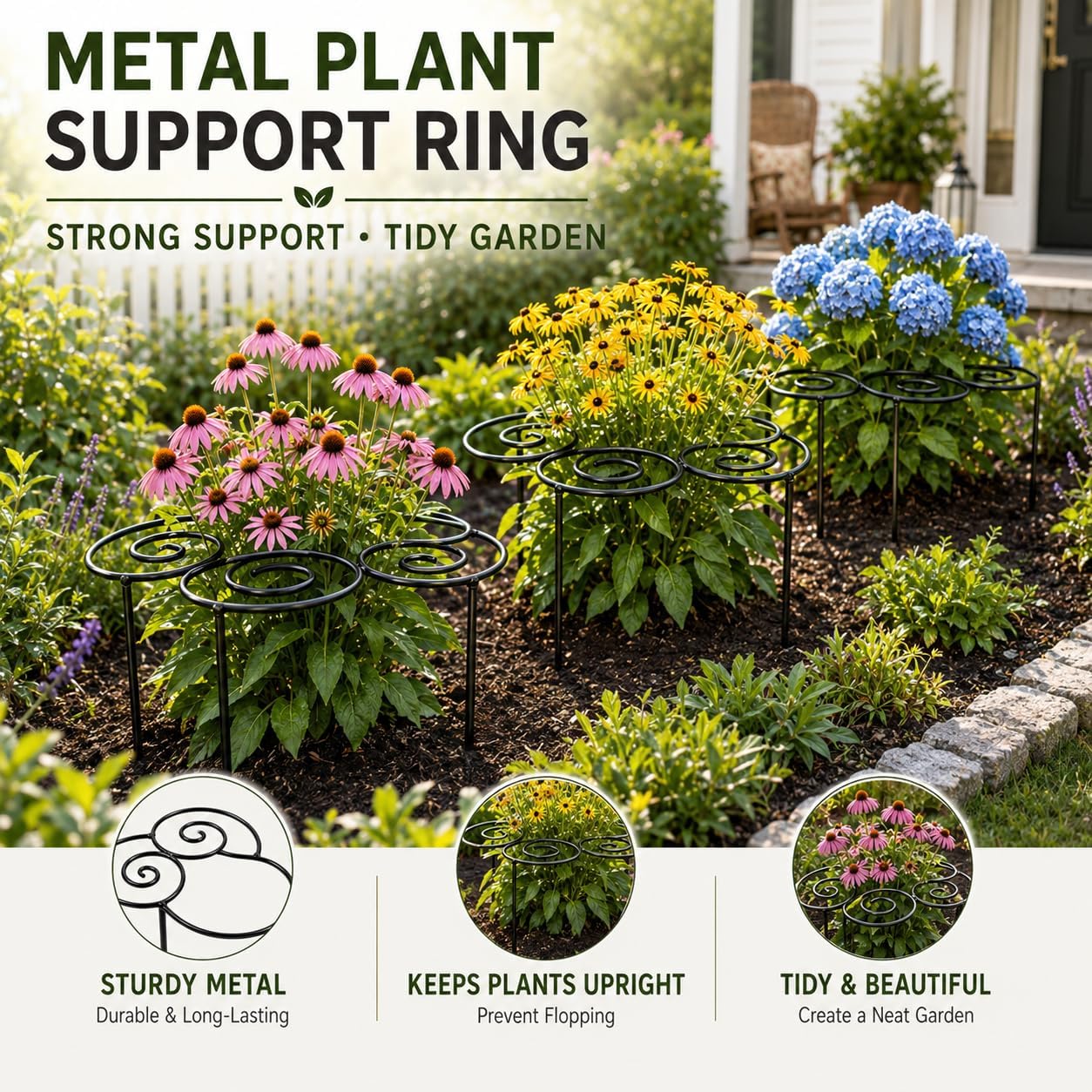 Metal Peony Support Ring for Outdoor Plants, Garden Plant Support Stakes for Flowers & Vegetables, Stackable Peony Cage