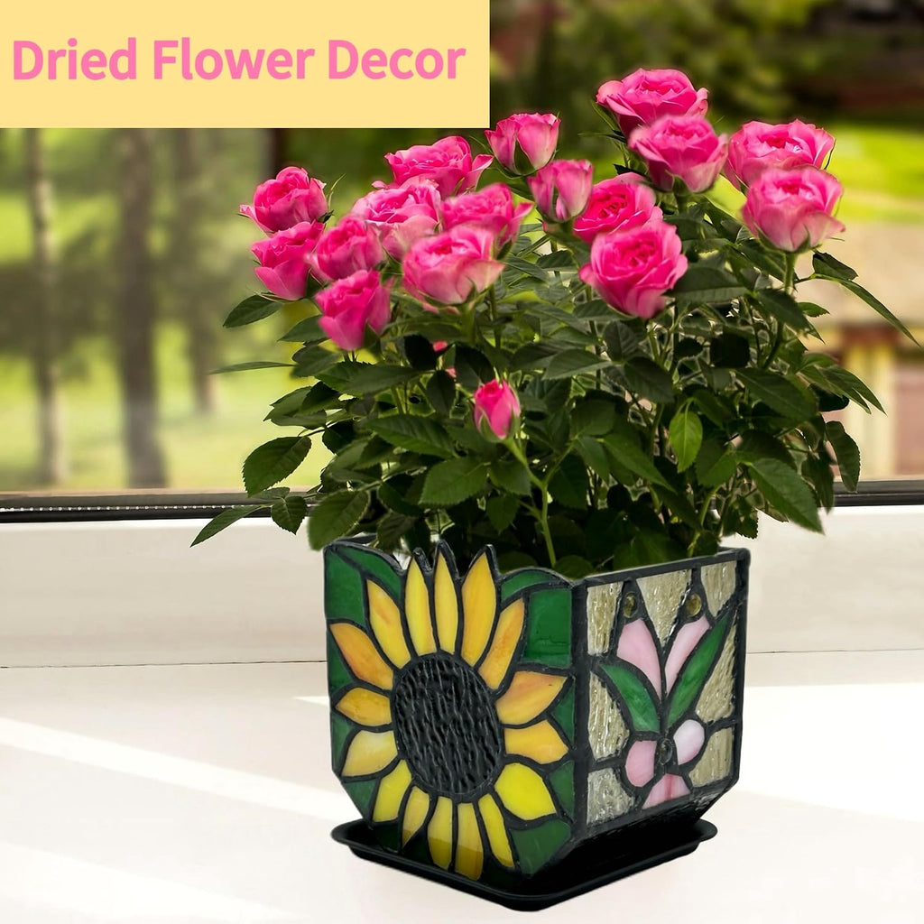 Stained Glass Sunflower Garden Planters,Indoor Plant Pots with Drainage,Unique Plant Pots for Dried Flowers,Sunflower