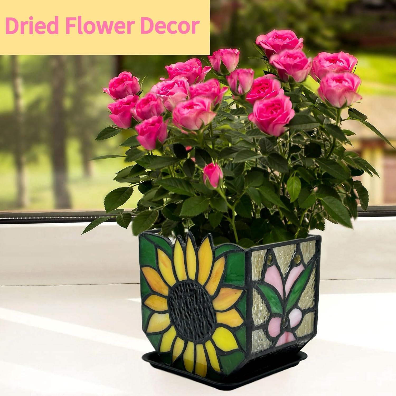 Stained Glass Sunflower Garden Planters,Indoor Plant Pots with Drainage,Unique Plant Pots for Dried Flowers,Sunflower