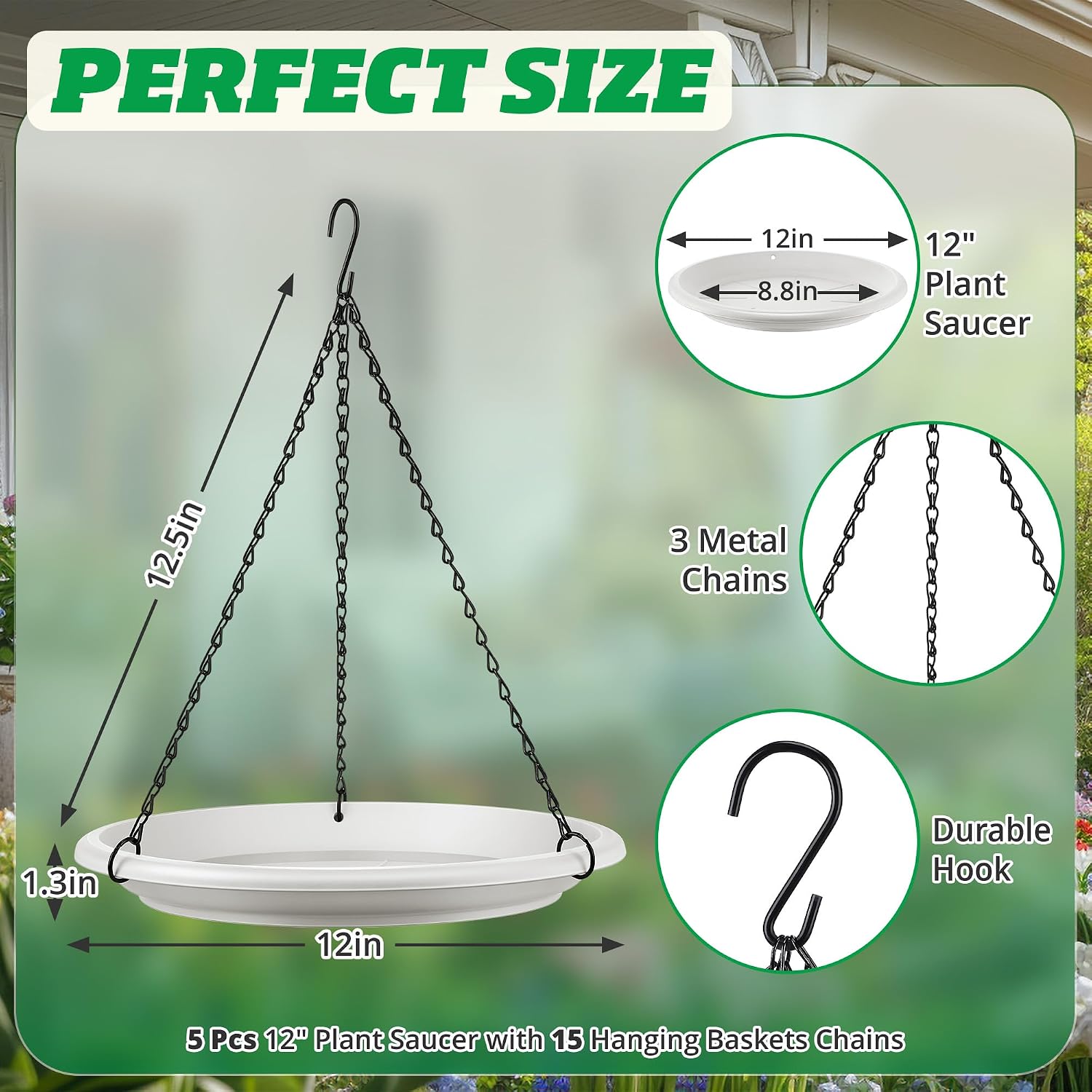 Hanging Planter for Plant, 12" Plant Saucer with Chain(5 Pcs,White) | Adjustable Plants Hanger Shelf Decorative Hanging