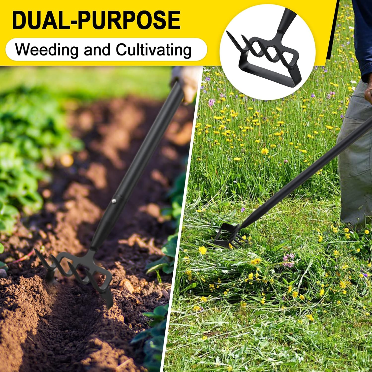Garden Hoe, Cultivator Stirrup Hoe Garden Tool for Weeding, 73 Inch Heavy Duty Hula Hoe with Adjustable Long Handle