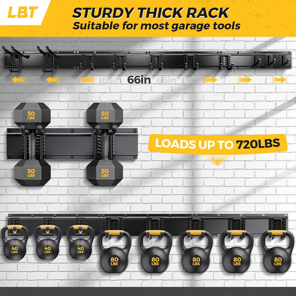 LBT 66" Garage Tool Organizer Wall Mount - 720lbs Garden Tool Organizer | Anti-Rust, Adjustable Hooks, Sheds Garden