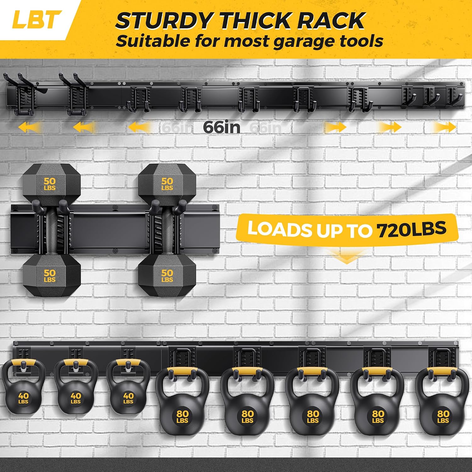 LBT 66" Garage Tool Organizer Wall Mount - 720lbs Garden Tool Organizer | Anti-Rust, Adjustable Hooks, Sheds Garden