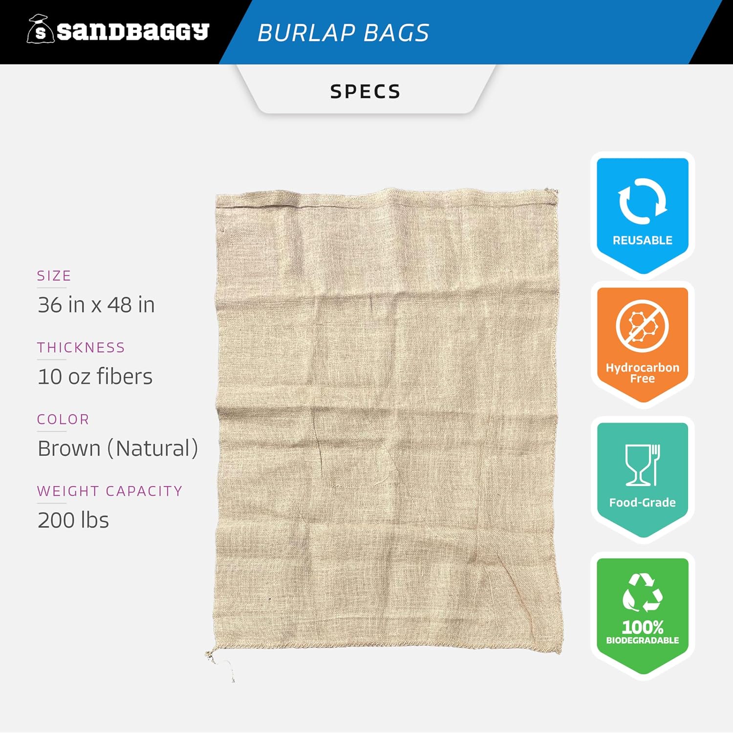 Sandbaggy 36" x 48" Extra Large Burlap Bags - Adult Potato Sack Racing, Grow, Plant Covers - Reusable Grocery Bags