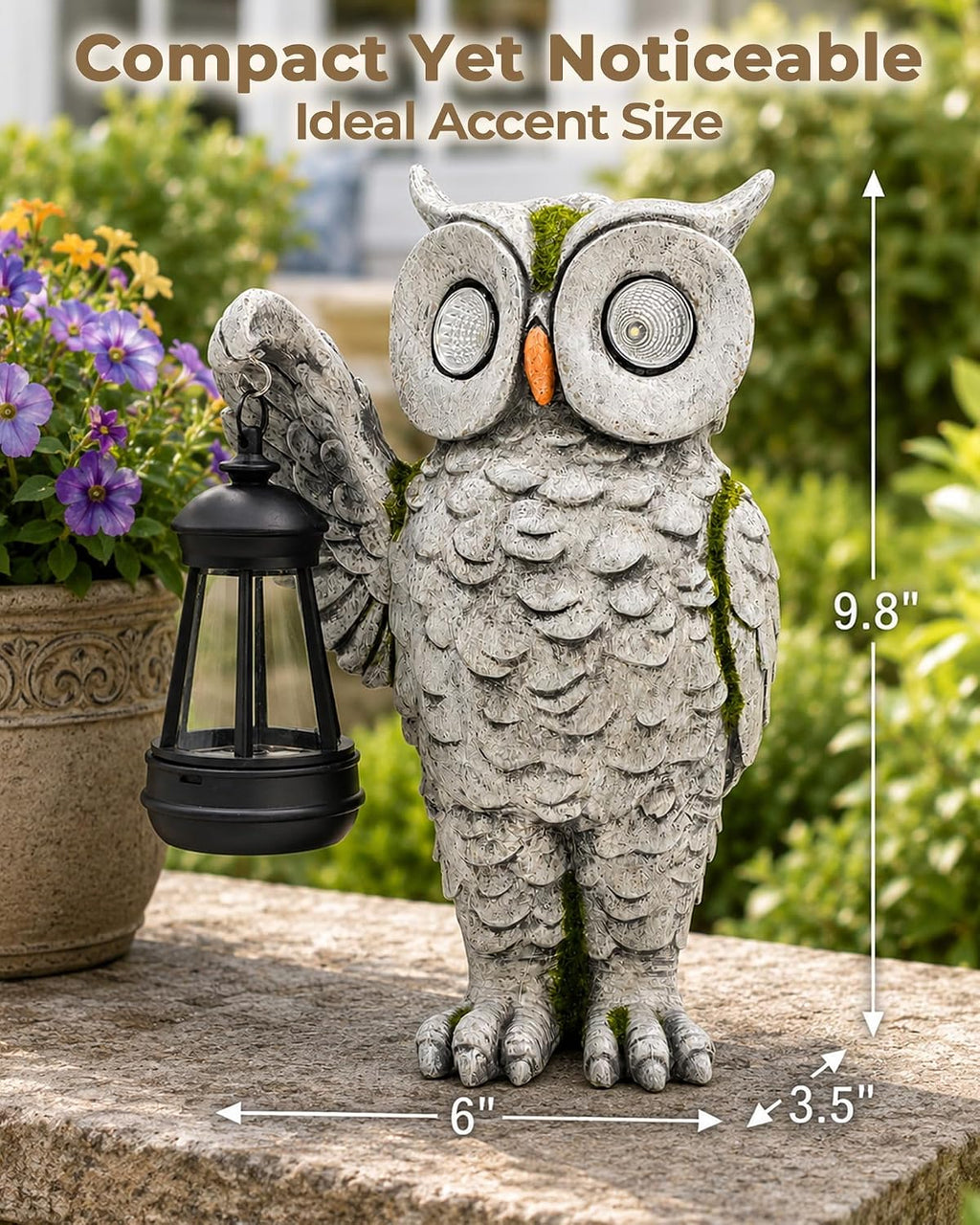 Solar Owl Garden Statue, Stone-Look Resin with Lantern | Glowing Eyes Auto Dusk Lighting Hand-Painted Finish