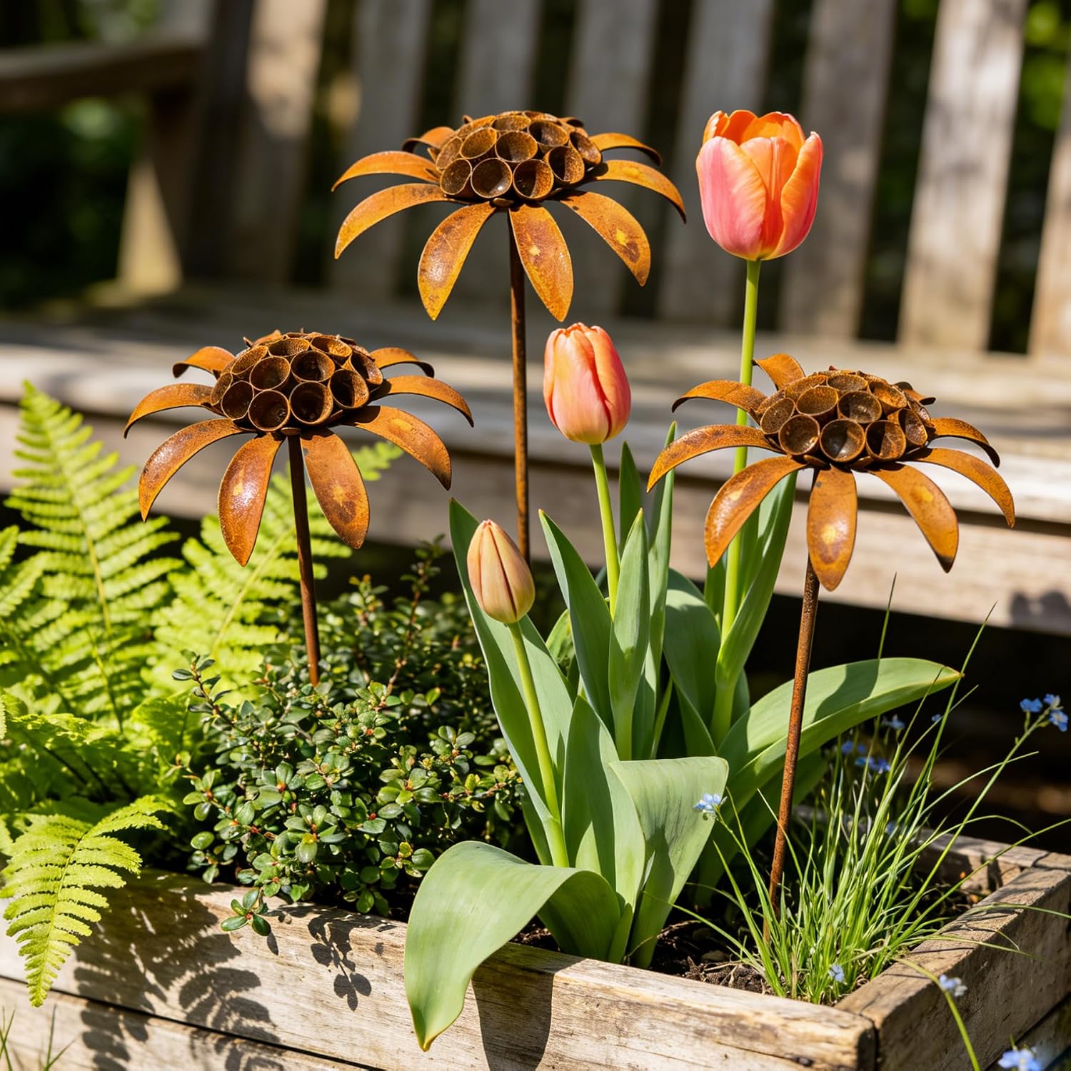 Metal Flowers - 30inch Rusty Metal Outdoor Garden Flowers Yard Art Stakes | Metal Yard Art & Metal Garden Stakes