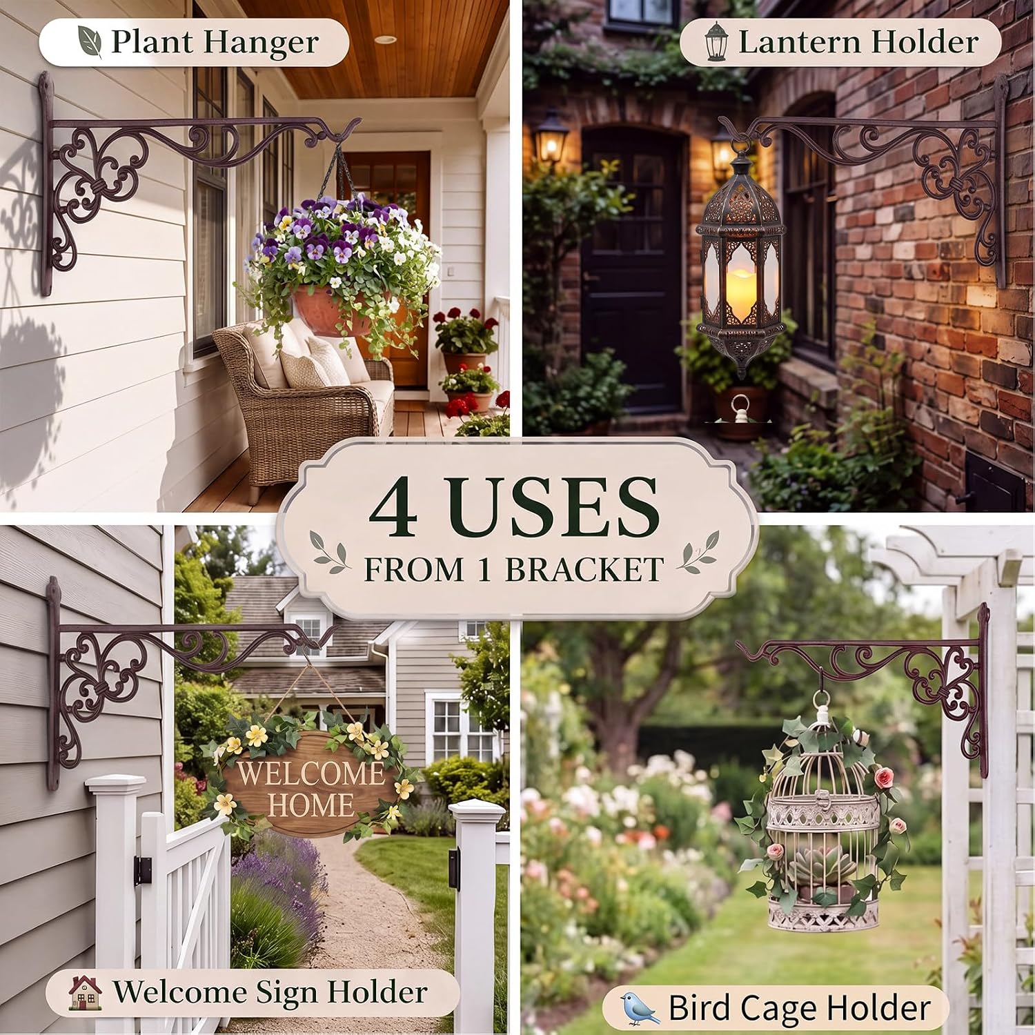 Landhoow 2 Pcs 15.6" Large Cast Iron Hanging Outdoor Wall Hanger Rust Brown Heavy Duty Basket Hook Braces Vintage