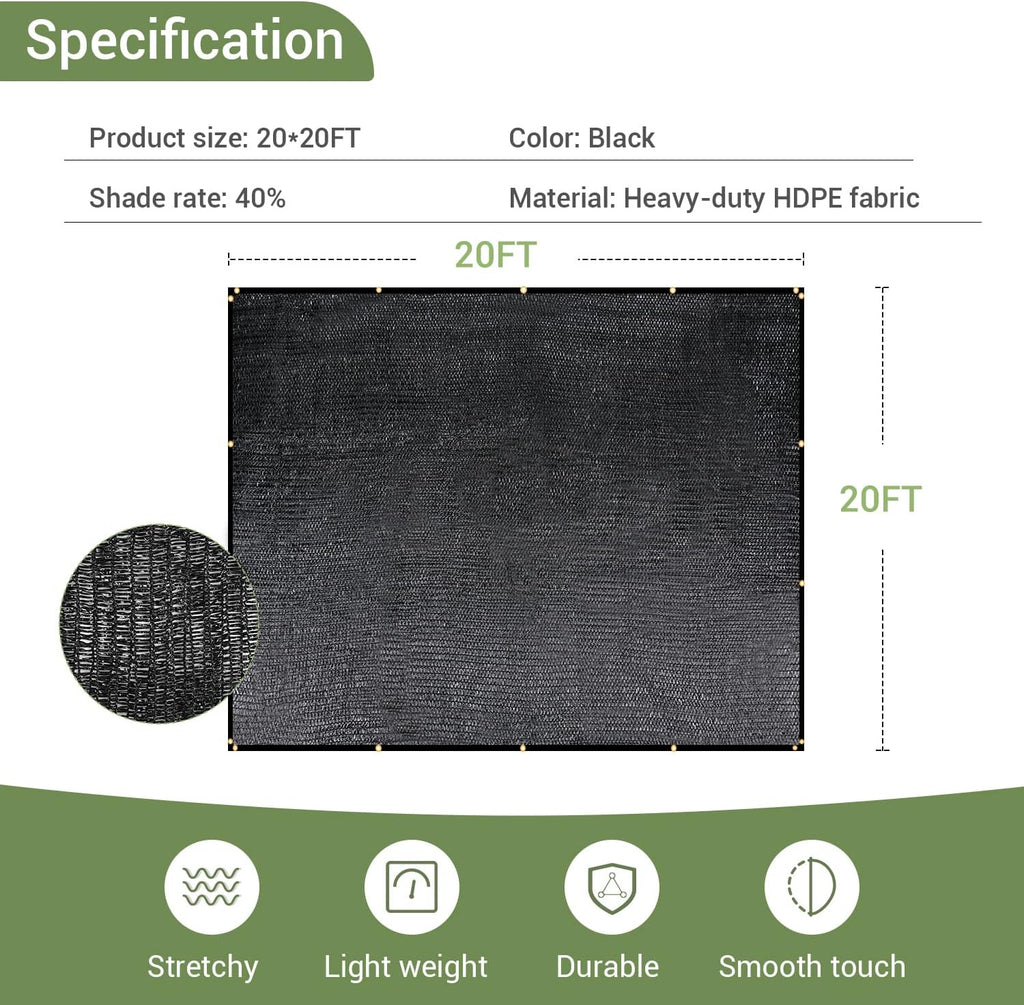 40% Garden Shade Cloth, 20x20FT HDPE Mesh Tarp with Upgraded Grommets | UV-Resistant Outdoor Sun Shades for Greenhouse