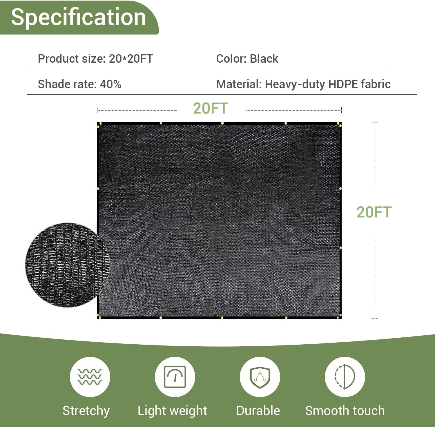 40% Garden Shade Cloth, 20x20FT HDPE Mesh Tarp with Upgraded Grommets | UV-Resistant Outdoor Sun Shades for Greenhouse