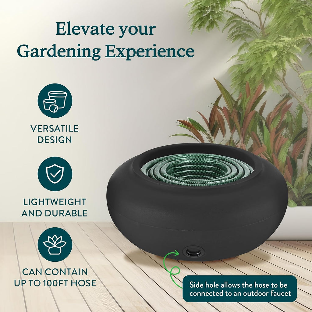 The HC Companies 21 Inch Garden Hose Pot - Durable Lightweight Plastic Decorative Hose Pot for Yard, 100-Foot Capacity