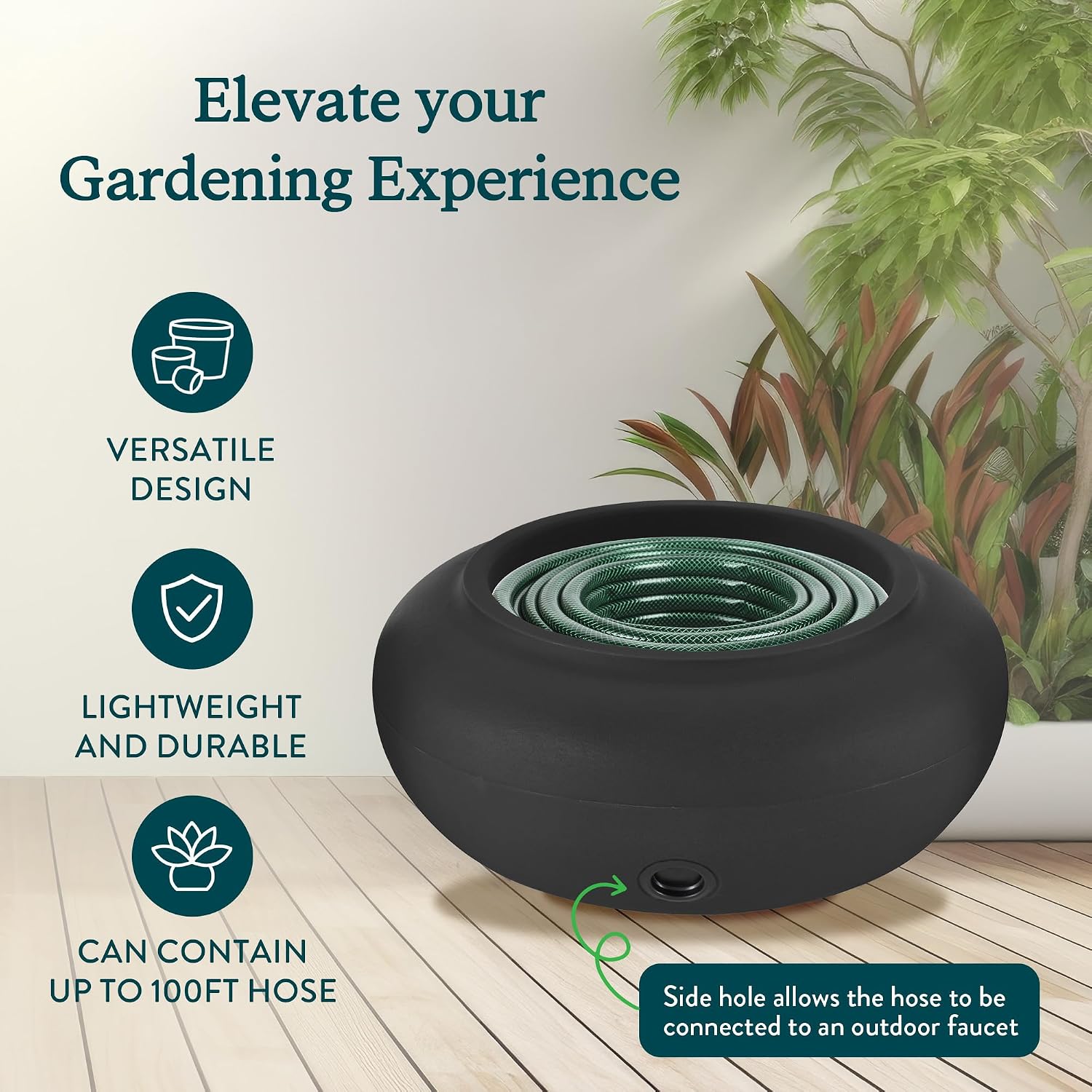 The HC Companies 21 Inch Garden Hose Pot - Durable Lightweight Plastic Decorative Hose Pot for Yard, 100-Foot Capacity