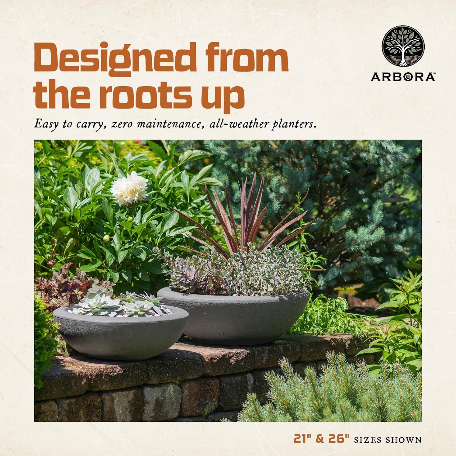 ARBORA 21" Santorini Bowl Planter - Lightweight Polyresin Outdoor Plant Pot | Lightweight with Stone-Like Look, UV +
