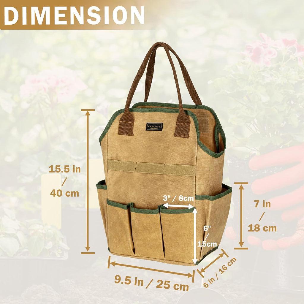 Canvas Tool Bag, 16OZ Waxed Canvas Garden Tool Tote - with 3 Inner Slots & 8 Outer Pockets & Portable Handle, Gardening
