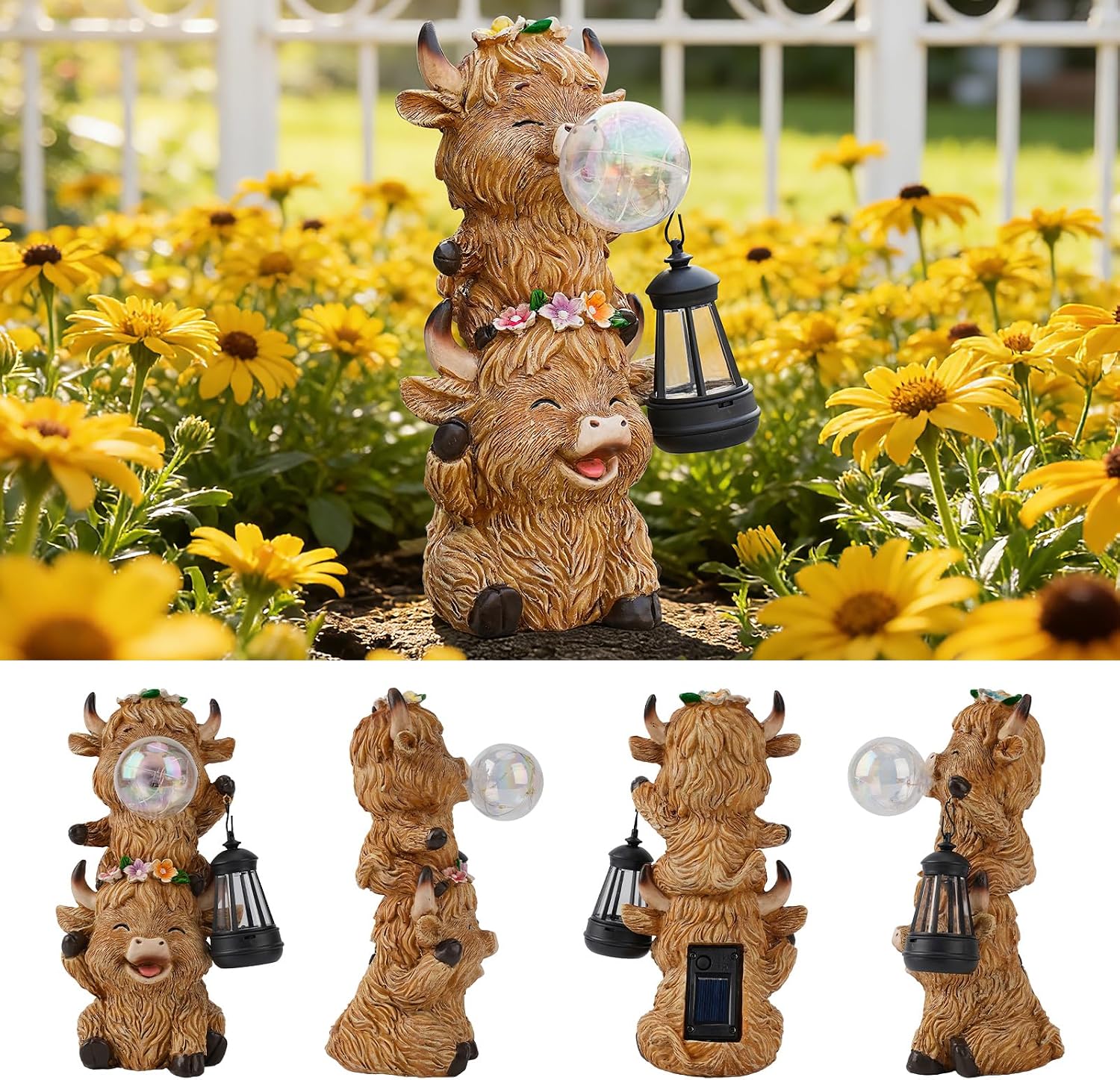 Outdoor Resin Highland Cow Garden Statue | Cute Cow Decoration with Glowing Lantern & Light-Up Bubble, Waterproof Yard