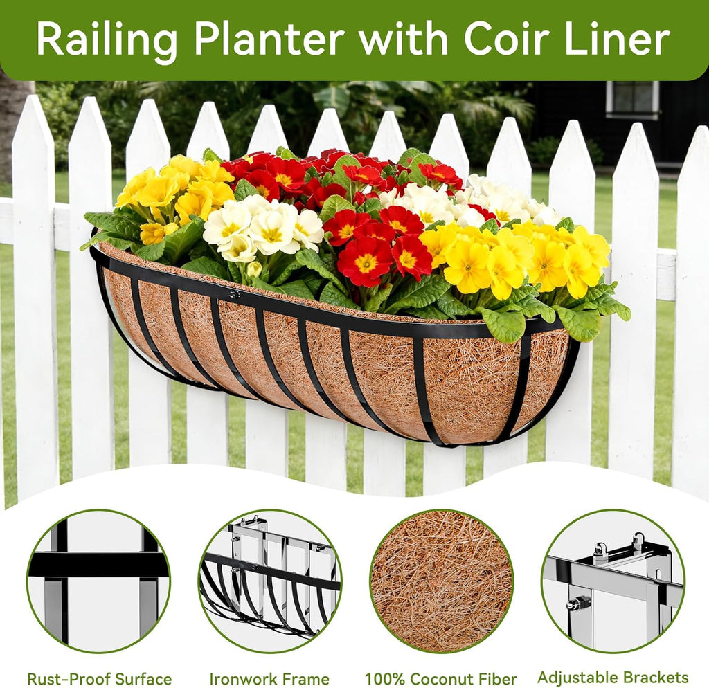 Halatool 24 Inch Railing Planter Box, 2 Pack Trough Planter Box for Outdoor | Natural Coco Liner, Heavy Duty Metal with