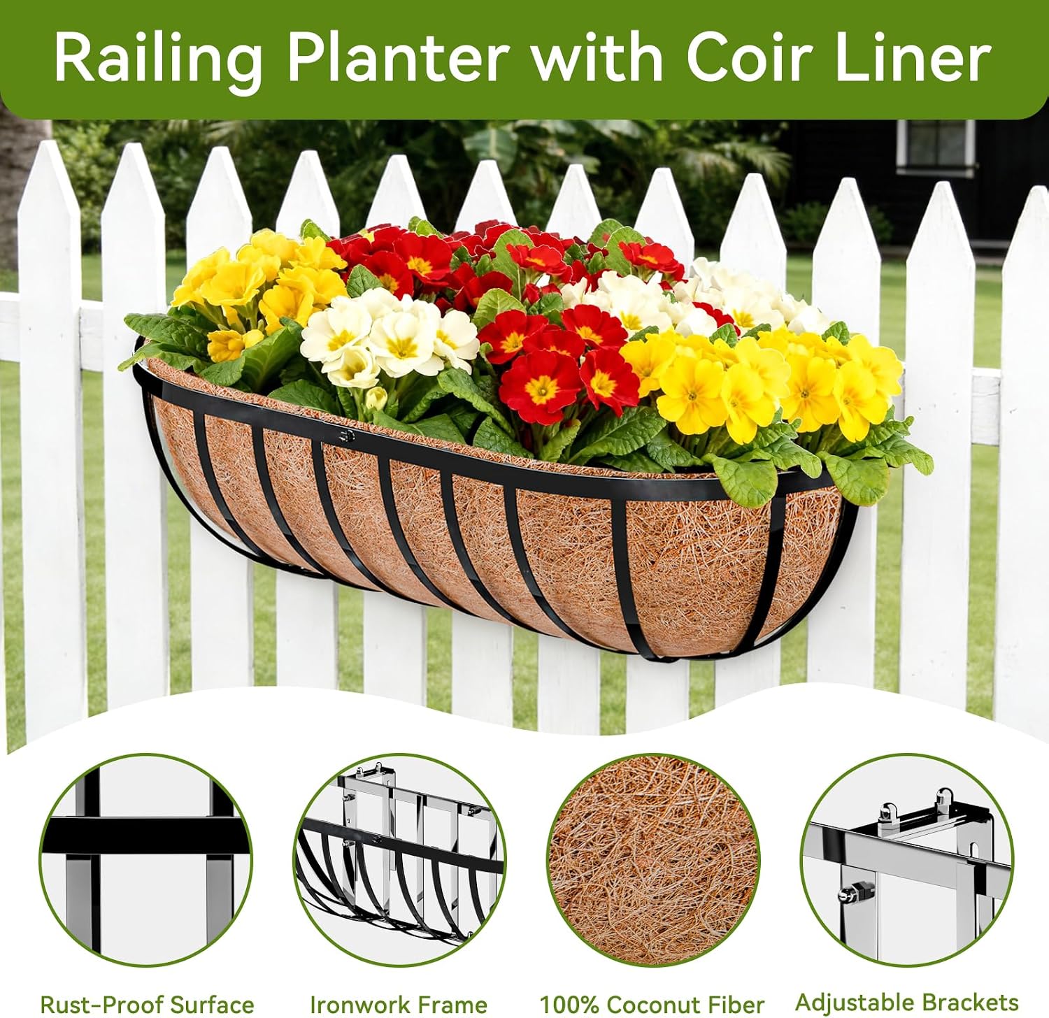 Halatool 24 Inch Railing Planter Box, 2 Pack Trough Planter Box for Outdoor | Natural Coco Liner, Heavy Duty Metal with