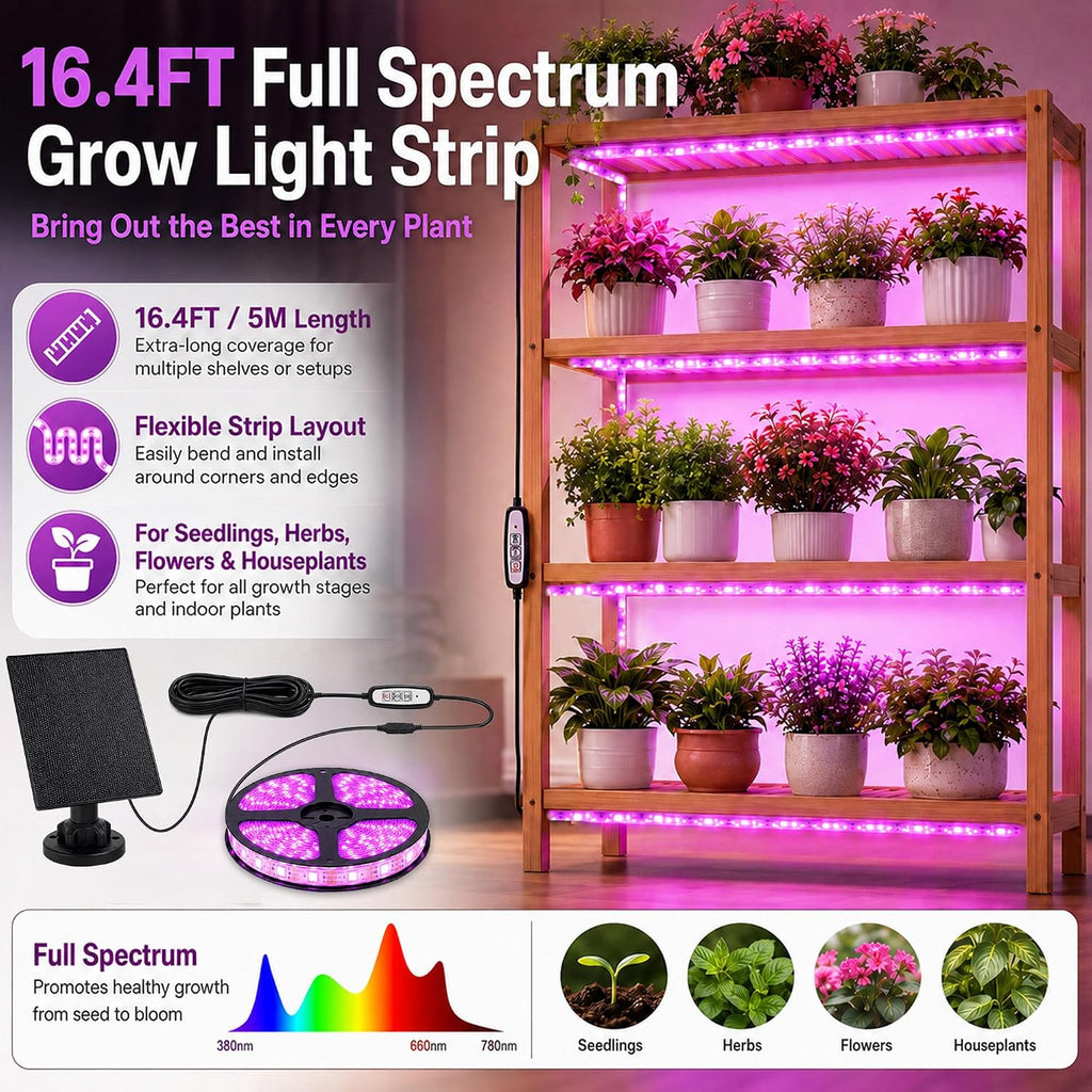 16.4FT Solar Grow Light Strip for Indoor Outdoor Plants | with Full Spectrum LED Waterproof Plant Growing Lights &