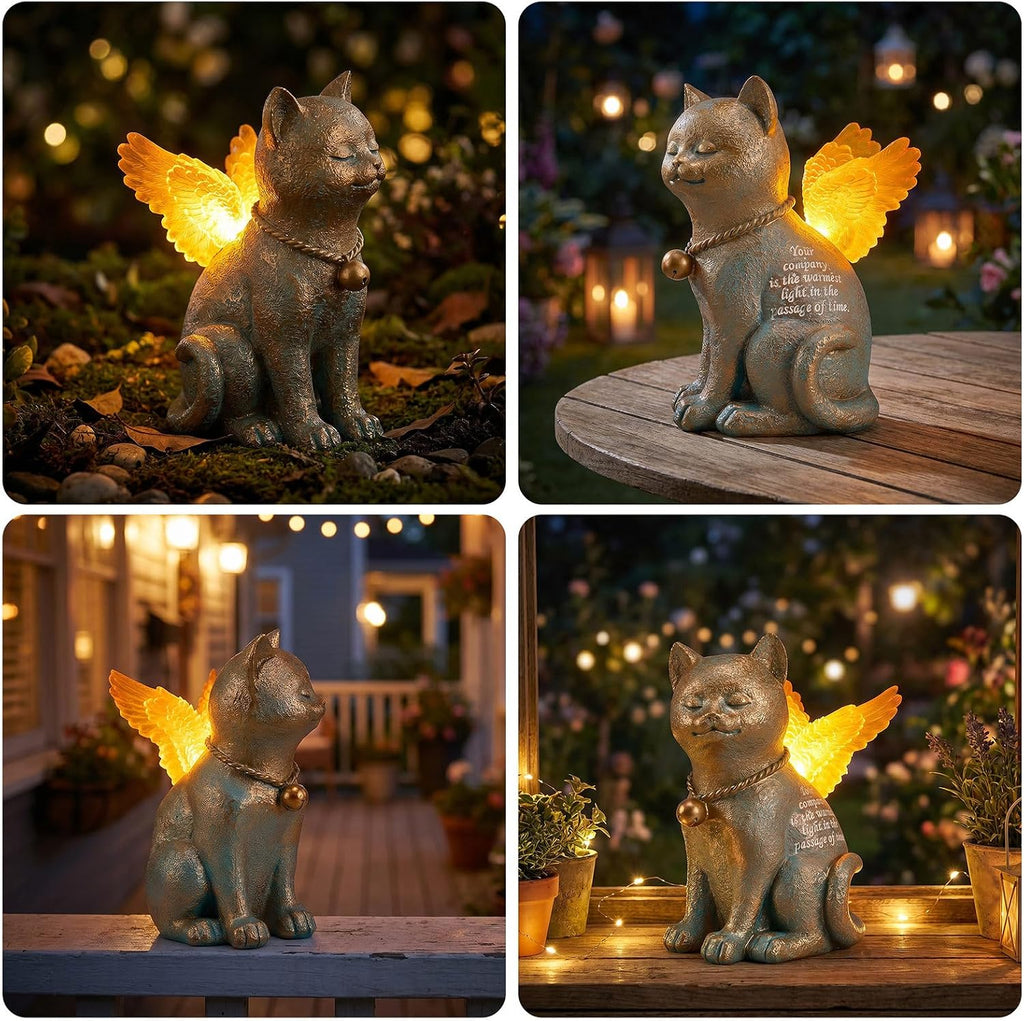 Pet Memorial Angel Cat Statue - Solar Powered Glowing Resin Garden Statue | Waterproof with LED Light Wings, Memorial