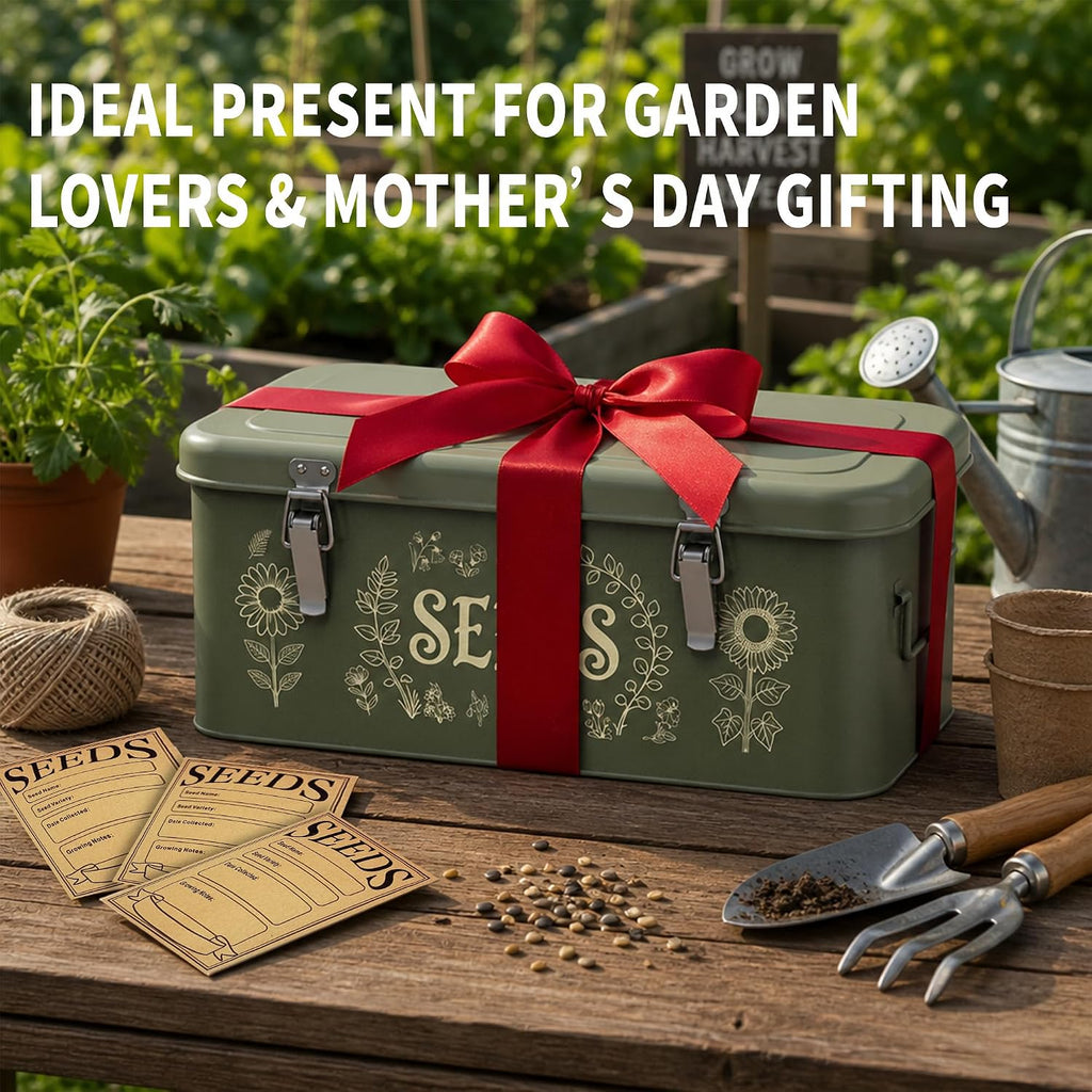 Metal Seed Storage Organizer, 4 Compartment Locking Seed Saving Box | Includes 30 Bottles & Envelopes, Dark Green