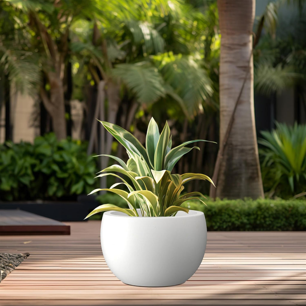 Kante Small Round Bowl White Concrete Planter 11.8" Dia, Outdoor | Rubber Plug for Indoor, Drainage for Garden