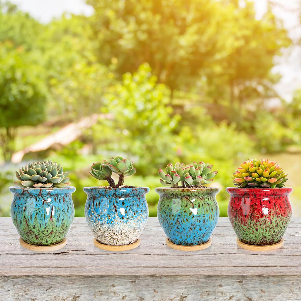 ARTKETTY Succulent Pots - 4 Pack Small Plant Pots with Drainage Tray | 4.5 Inch Ceramic Planters for Indoor Plants