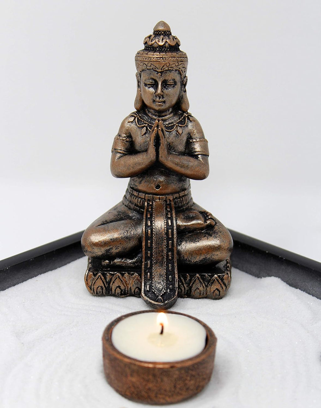 Nature's Mark Mini Zen Garden Kit for Desk with Rake, White Sand, Buddha Figures, Tea-Light Holder Black Square Base