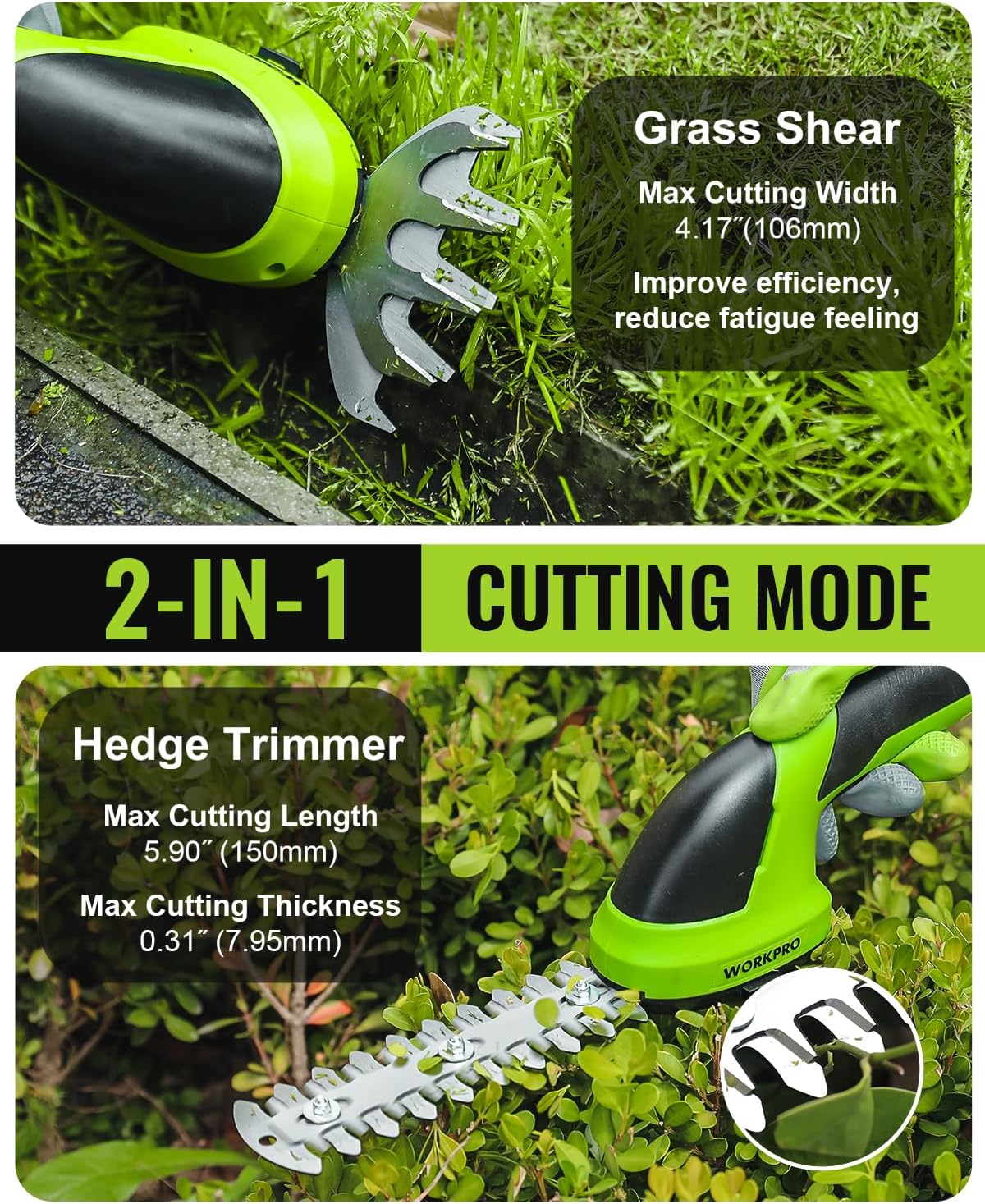 WORKPRO 7.2V Cordless Grass Shear & Shrubbery Trimmer | 5.9" Shrub Trimmer & 4.2" Grass Shear, 2.0Ah Rechargeable