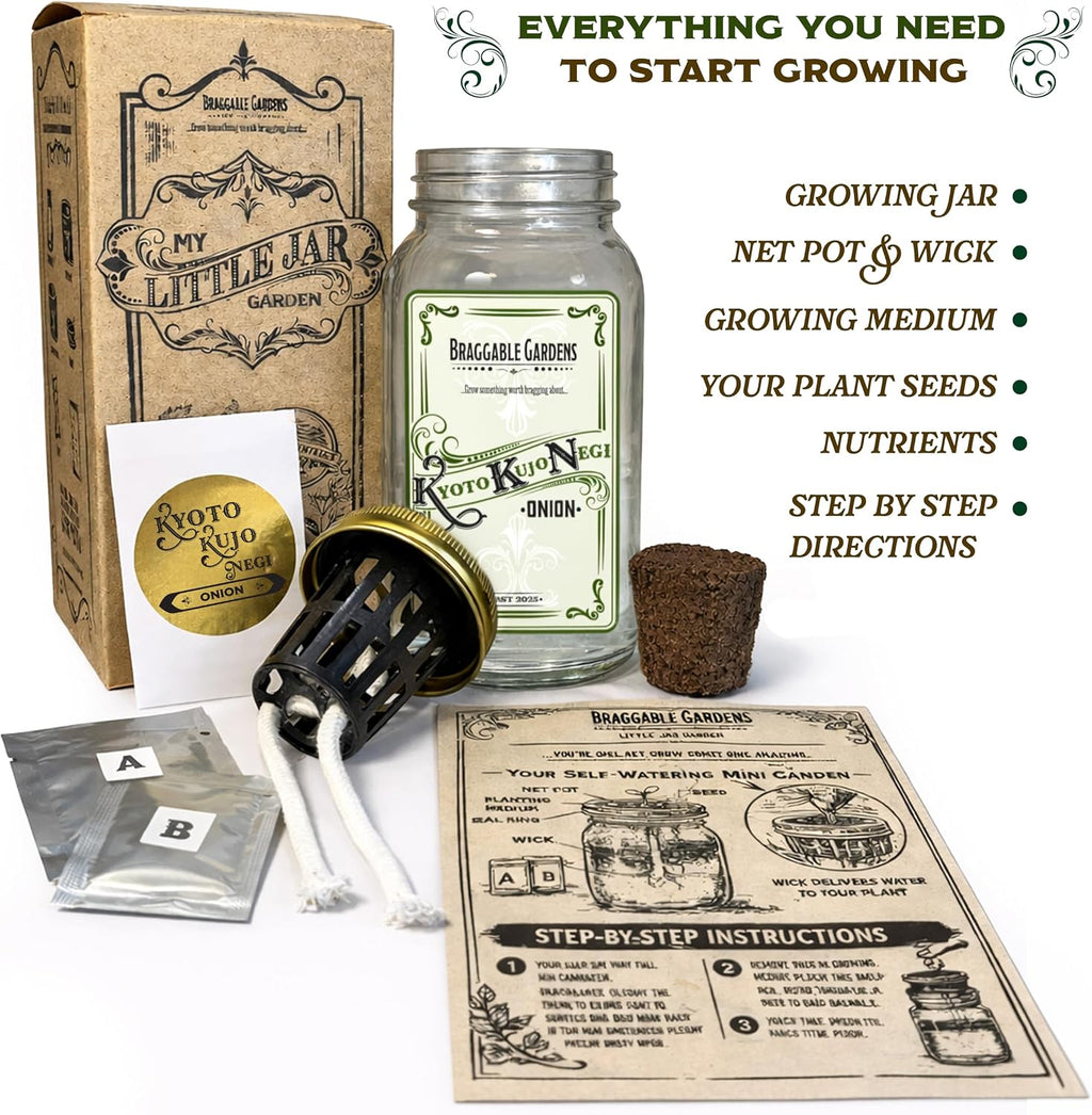 Kyoto Kujo Negi Japanese Green Onion Indoor Garden Kit | Mason Jar Hydroponic, Windowsill Countertop, Grow Fresh Green