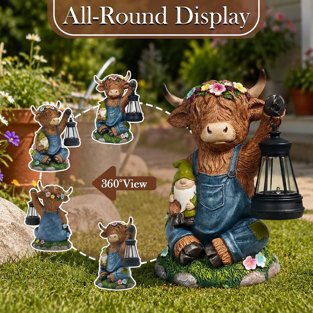 Solar Highland Cow Outdoor Statues Garden Decor with LED Light | Cute Animal Figurine Funny Resin Decoration for Patio